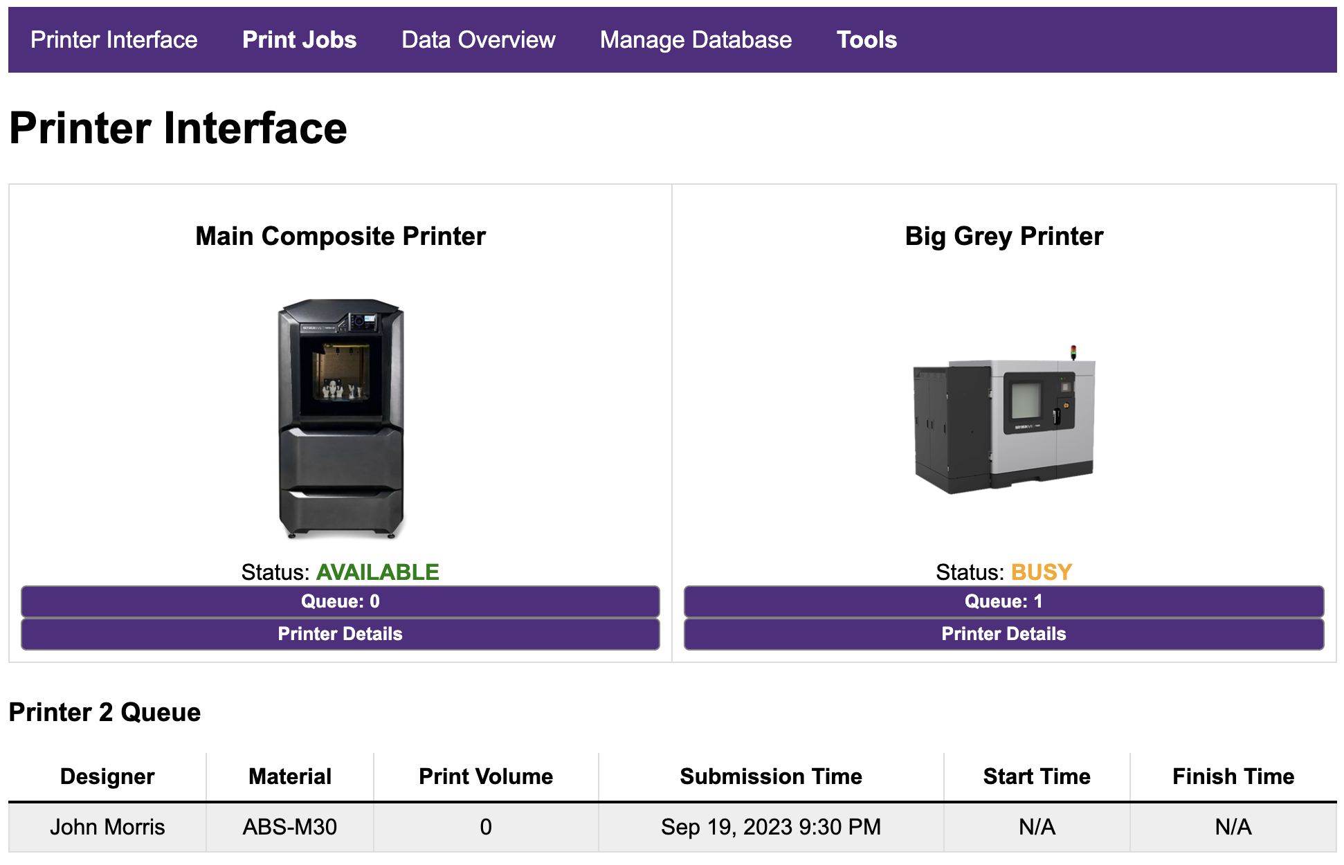 Screenshot of Web Interface of 3D Printing Hub.