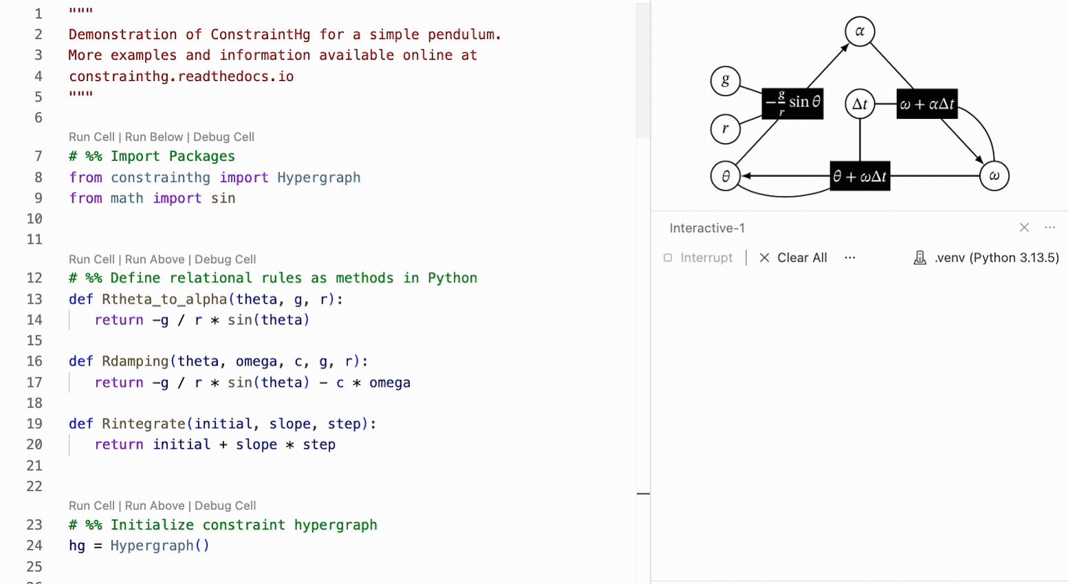 Demonstration of ConstraintHg software for simulating a pendulum.